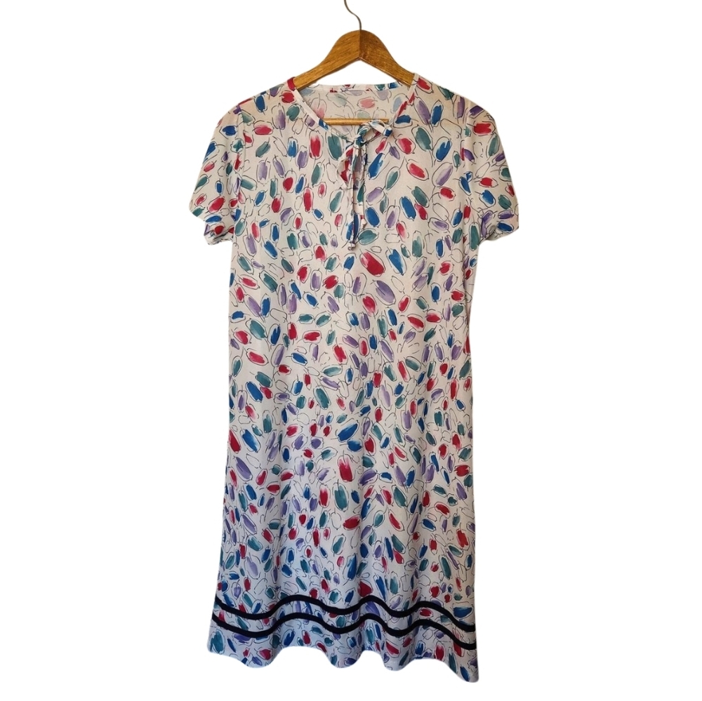 Short Sleeve Midi Lounge Shift Dress with Tie Neckline - medium, vintage